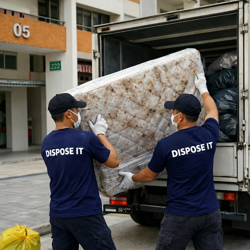 Two workers in red shirts lifting a moldy mattress into a truck for bed bug disposal